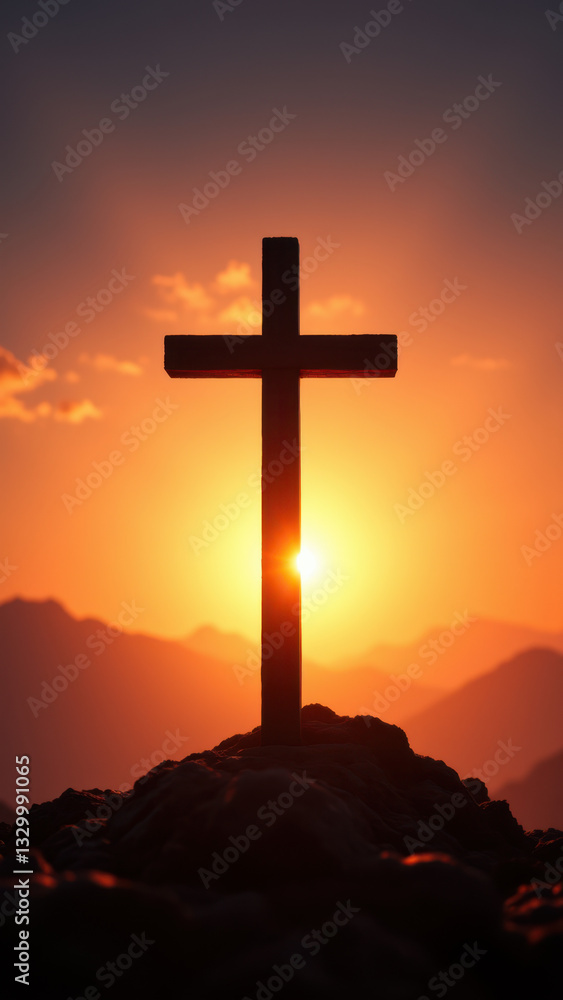A cross silhouetted against a sunset sky with mountains in the background. A cross silhouetted against a sunset sky with mountains in the background.