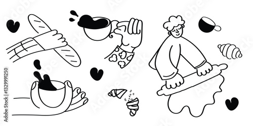 Breakfast Time Illustration Person Relaxing with Coffee and Croissants, Pretzels, Toasts. Great for café menus, packaging, digital or print designs,  social media, and cozy café branding.