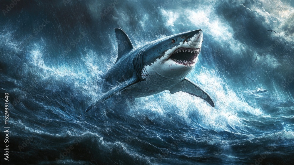 Fototapeta premium Great White Shark Leaping Through Stormy Waves