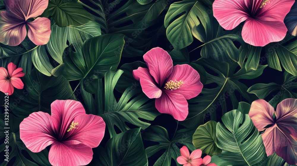 custom made wallpaper toronto digitalFloral design featuring vibrant pink and green elements on dark background, creating lively and cheerful atmosphere. This seamless pattern is perfect for various creative projects