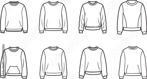 set of crew neck long t shirt line art, black outline, vector and illustration, coloring book page line art drawing