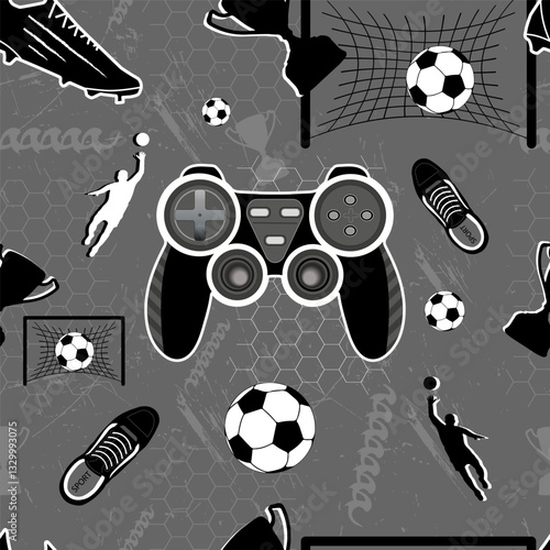 modern design that merges a love for soccer and gaming, executed in classic black and white tones. This versatile pattern is ideal for creating sportswear, accessories, and gaming gear.