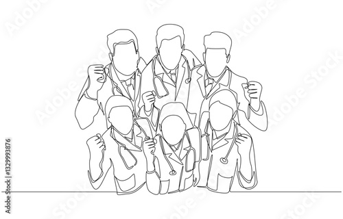 Continuous one line drawing of medical team raising fists to celebrate their work success from top view, medical healthcare service concept, single line art