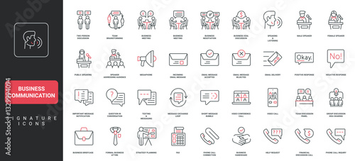 Business communication, people communicate on conference, send email line icon set. Messages of meeting, no and okay, question in speech bubbles thin black and red symbols vector illustration