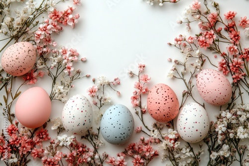 Minimalist Background With Pink Flowers And White Eggs