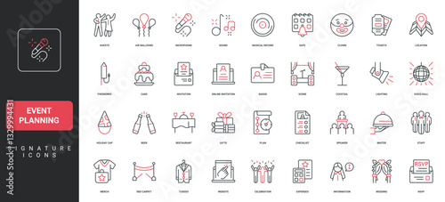 Event planning, wedding and birthday party, conference organization, registration and invitation line icon set. Timeline plan of celebration, music thin black and red symbols vector illustration