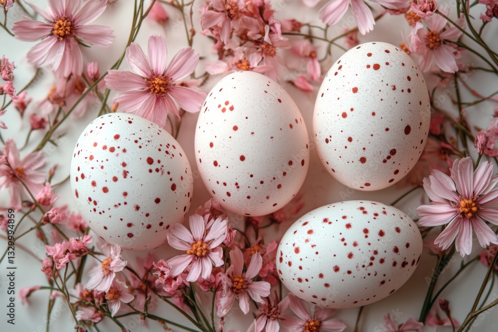 Speckled Easter Eggs With Pink Wildflowers