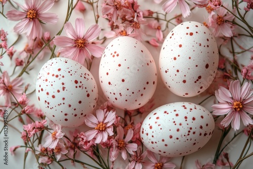 Obraz na płótnie Speckled Easter Eggs With Pink Wildflowers w salonie