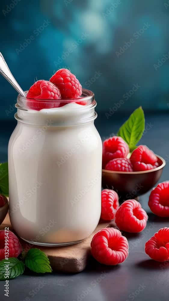 Creamy yogurt delight with fresh raspberries and mint in vibrant kitchen setting Creamy yogurt delight with fresh raspberries and mint in vibrant kitchen setting