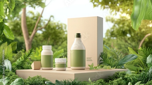 A bottle of lotion and another bottle of lotion in a lush green setting displaying sustainable products for care