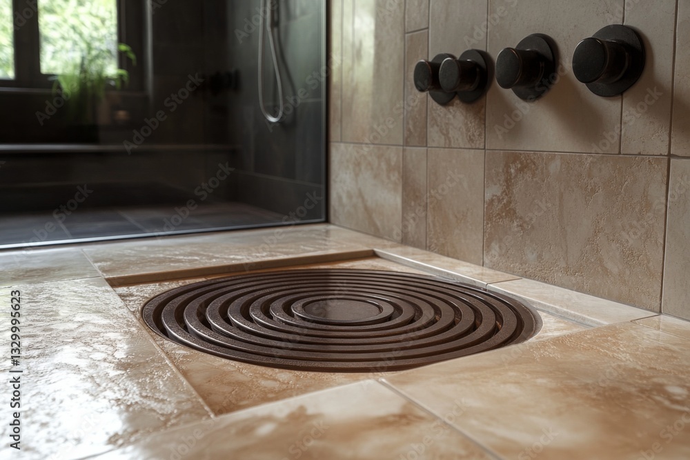 Textured Beige Floor With Circular Drain