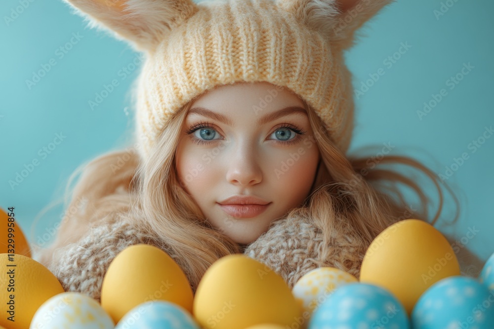 Girl With Easter Eggs And Bunny Hat