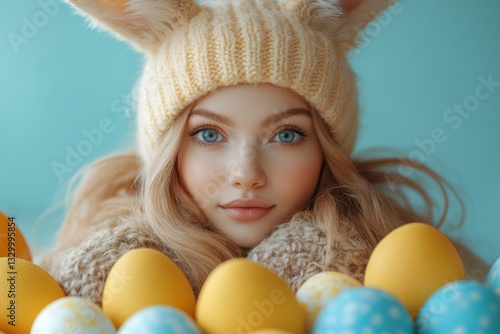 Obraz na płótnie Girl With Easter Eggs And Bunny Hat w salonie