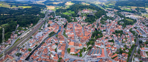 Obraz na płótnie Aerial panoramic view around the old town of the city Kronach in Germany on a sunny afternoon in spring. w salonie