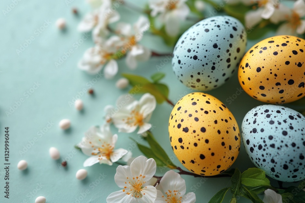 Yellow And Blue Speckled Eggs With Blossoms