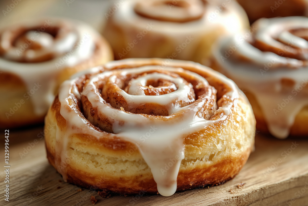 Freshly baked cinnamon rolls topped with creamy pouring icing served on rustic wooden surface table background. Pastry and baking concept. Freshly baked cinnamon rolls topped with creamy pouring icing served on rustic wooden surface table background. Pastry and baking concept.