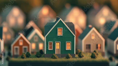 Wallpaper Mural A green miniature building placed among small wooden houses, symbolizing eco-friendly real estate development and environmental sustainability. Torontodigital.ca