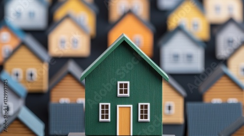 Wallpaper Mural A green miniature building placed among small wooden houses, symbolizing eco-friendly real estate development and environmental sustainability. Torontodigital.ca