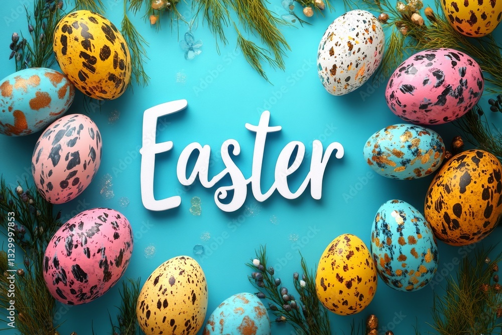 Spotted Easter Eggs On Blue Backdro