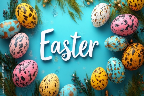 Obraz na płótnie Spotted Easter Eggs On Blue Backdro w salonie