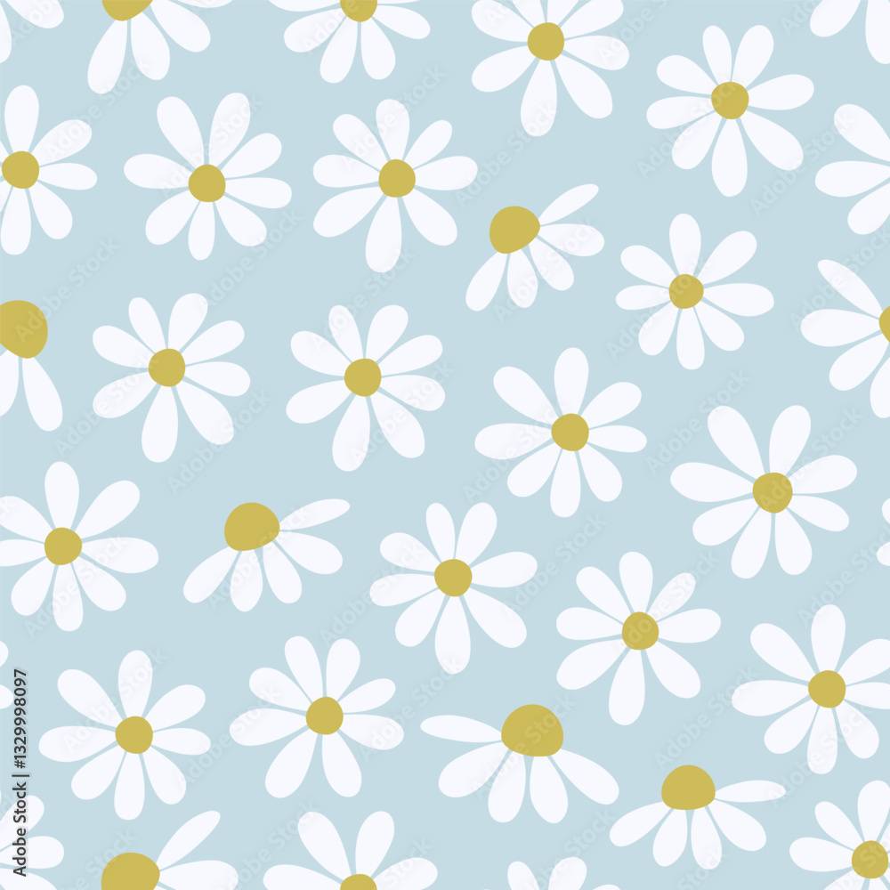 Floral seamless pattern. Cute daisy flower print on light blue background. Chamomile meadow flowers. Hand drawn vector illustration for textile, wallpaper, wrapping paper. Floral seamless pattern. Cute daisy flower print on light blue background. Chamomile meadow flowers. Hand drawn vector illustration for textile, wallpaper, wrapping paper.