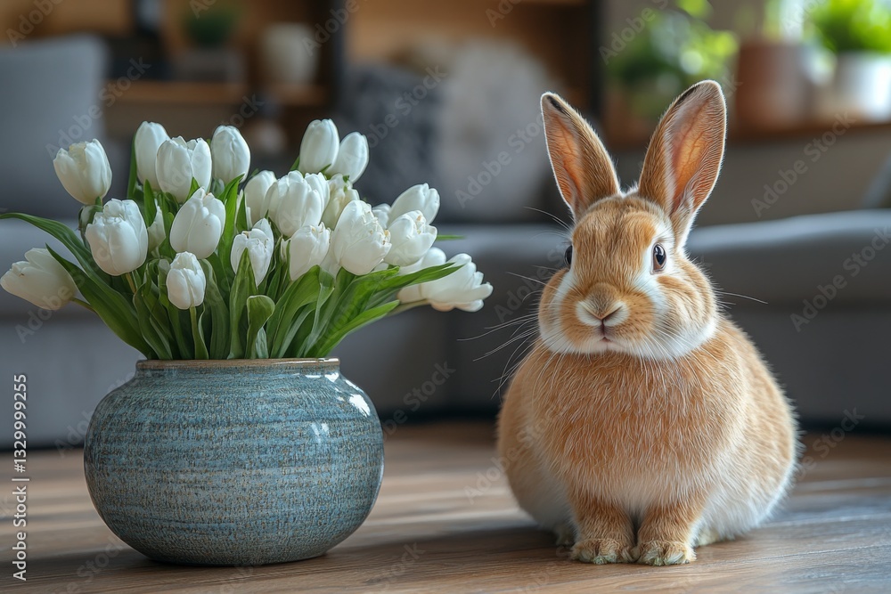 Tulips And Rabbit In Rustic Setting