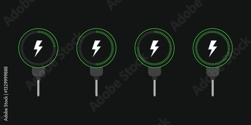 Wireless charger icons. Wireless charging battery. Battery charge sign with lightning. 25 percent, 50 percent, 75 percent, 100 percent battery
