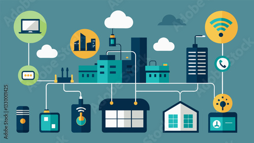 Data flowing between sensors and appliances allowing for remote monitoring and control of energy usage in industrial settings.. Vector illustration