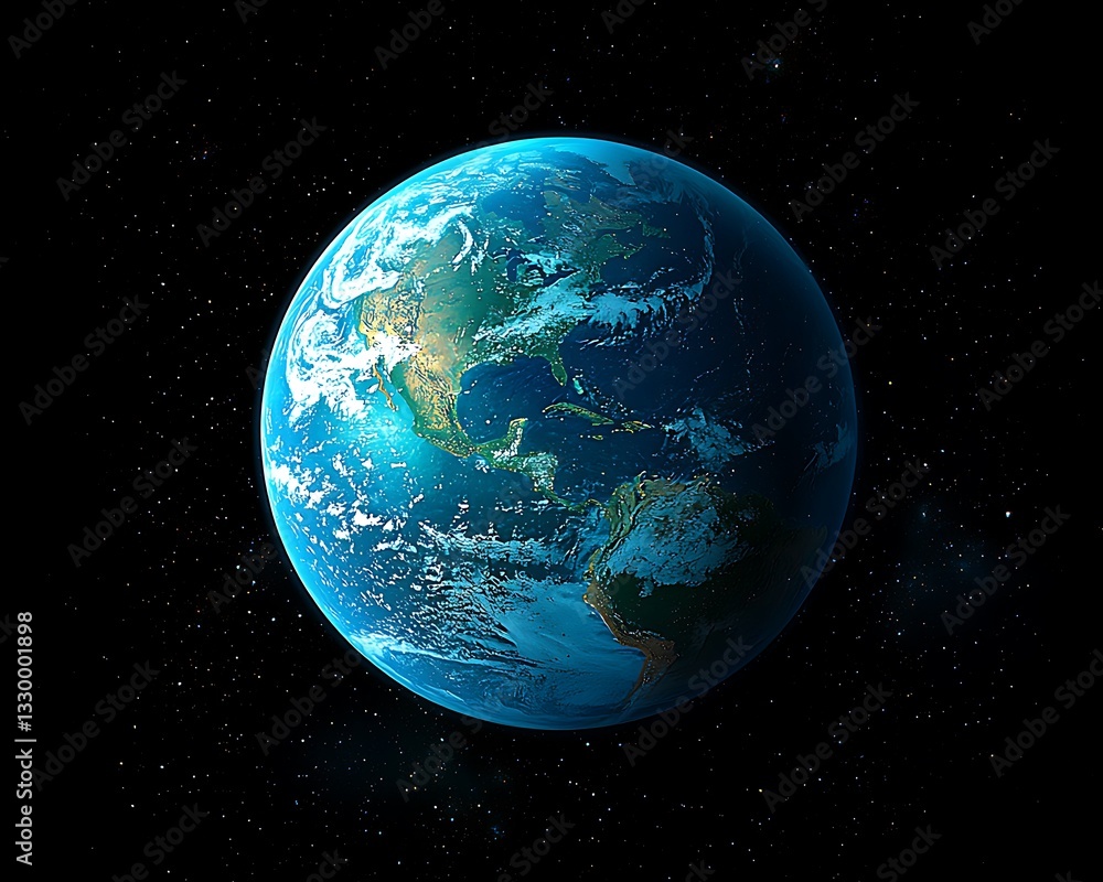 Obraz premium Earth from space, clouds cover continents, stars background