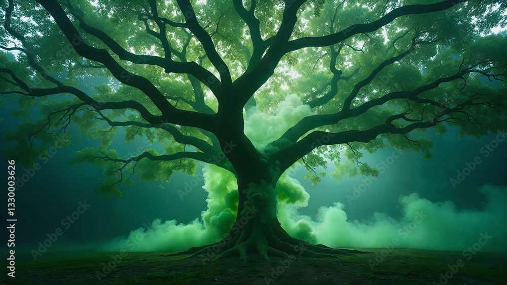 Fototapeta premium Mystical green tree with smoke-like trunk in an ethereal atmosphere