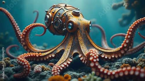 Wallpaper Mural Artistic mechanical octopus in a surreal steampunk underwater world Torontodigital.ca