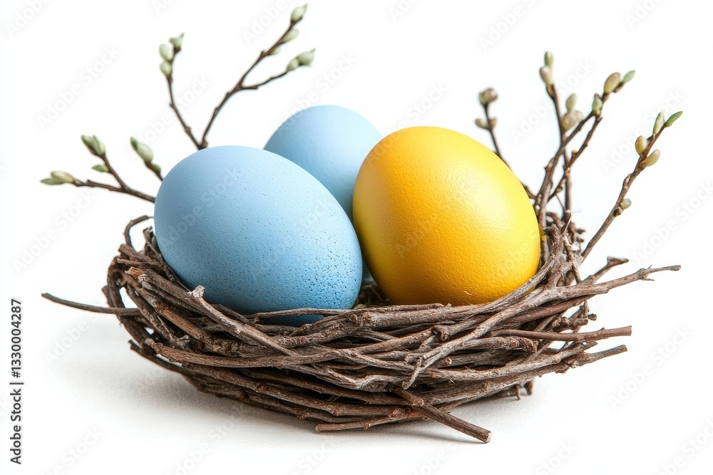 A light background serves as the setting for a composition that includes green buds on branches and a decorative nest filled with Easter eggs A light background serves as the setting for a composition that includes green buds on branches and a decorative nest filled with Easter eggs