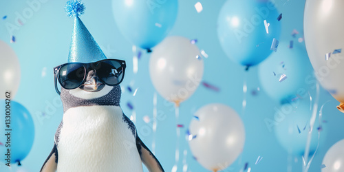 Funny penguin wearing sunglasses holding happy birthday balloons and confetti explosion flying around greeting card on blue background with copy space.