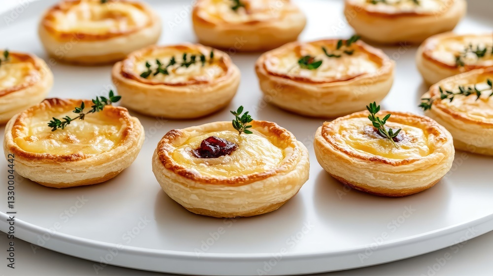 Small, perfectly browned goat cheese mini tarts topped with jam and herbs showcase intricate details on a white plate Small, perfectly browned goat cheese mini tarts topped with jam and herbs showcase intricate details on a white plate