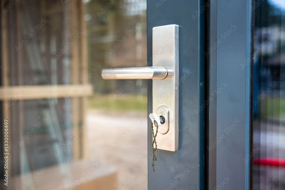 Modern metal door handle and lock on glass door with key inserted, twig attached. Background shows under construction building with wooden framing. Modern metal door handle and lock on glass door with key inserted, twig attached. Background shows under construction building with wooden framing.