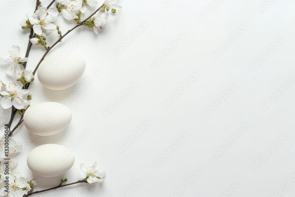 Easter-themed still life comprising a diverse array of quail eggs and spring blooms on a white background, incorporating sufficient negative space for text overlay, shot from directly above Easter-themed still life comprising a diverse array of quail eggs and spring blooms on a white background, incorporating sufficient negative space for text overlay, shot from directly above