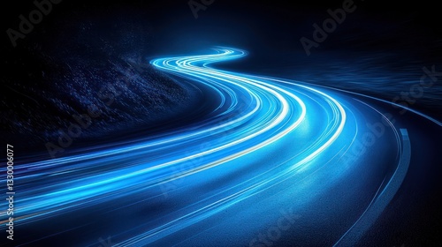 Night highway, vibrant light trails. Winding road, long exposure