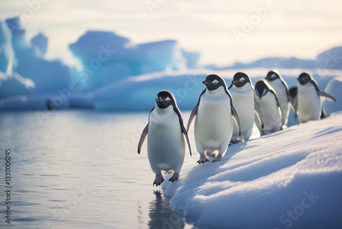 group of penguins waddling on an icy Antarctic shore