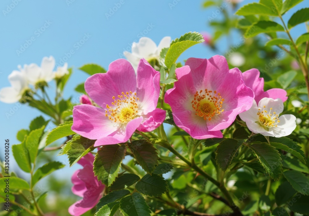 Stunning close-up of vibrant pink wild roses intertwined with white blossoms against a clear blue sky Stunning close-up of vibrant pink wild roses intertwined with white blossoms against a clear blue sky