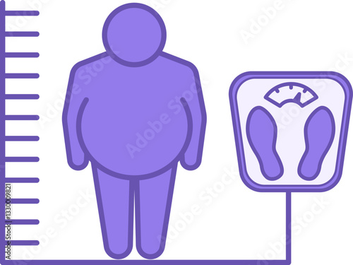 Colored Body Mass Index Icon. Vector Illustration. Overweight Man, Bathroom Scale and Height Measurement Scale. Healthy Eating. Healthy Lifestyle. Weight Loss Concept