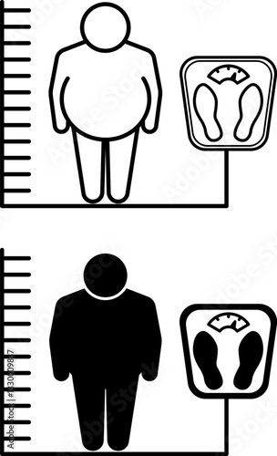 Body Mass Index Icons. Black and White Vector Illustration. Overweight Man, Bathroom Scale and Height Measurement Scale. Healthy Eating. Healthy Lifestyle. Weight Loss Concept