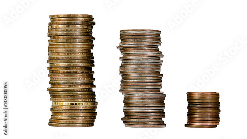 Stacks of coins arranged by size showcasing different denominations, cut out (PNG)