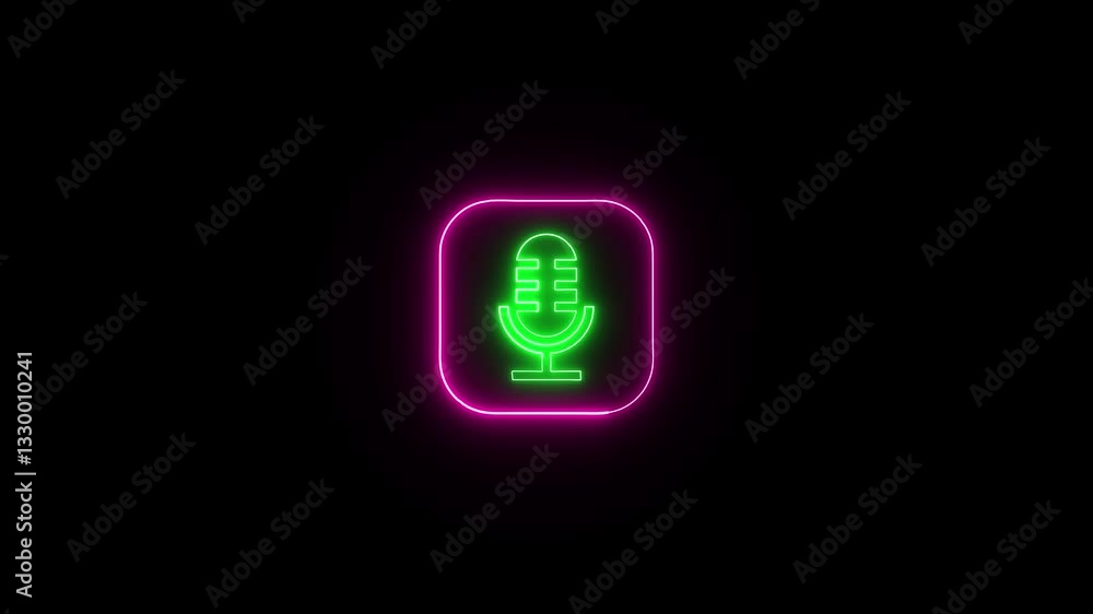 Voice recording podcast mic microphone button and radio waves icon animation. neon line microphone icon and black background .4k video resolution . Voice recording podcast mic microphone button and radio waves icon animation. neon line microphone icon and black background .4k video resolution .