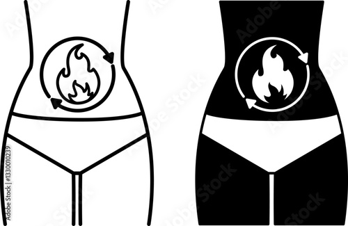 Metabolism Icons. Black and White Vector Illustration. Food to Energy, Burning Calories. Healthy Eating. Healthy Lifestyle. Weight Loss Concept