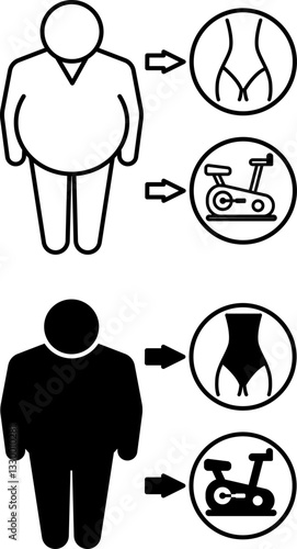 Motivation Icons. Black and White Vector Illustration. Overweight Man Dreams Of Having Slim Body. Exercise Bike For Workout, Fitness. Healthy Lifestyle. Weight Loss Concept