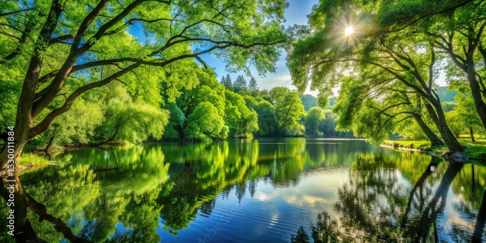 Fototapeta premium Tranquil lakeside scene: lush green trees mirrored in calm waters. Summer's peaceful embrace.
