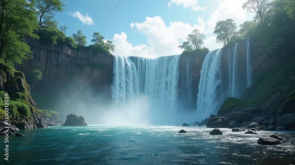 Naklejka premium Majestic Waterfall Cascading Over Rocky Cliffs in a Serene Forest