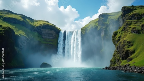 Majestic Waterfall Cascading Over Rocky Cliffs in a Serene Forest