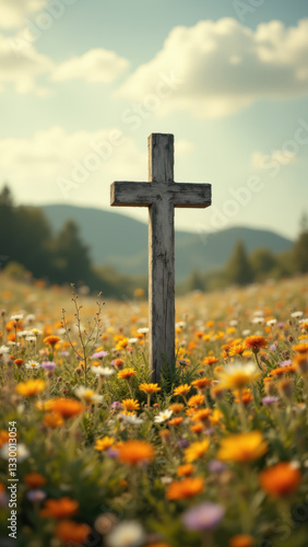 A Christian cross surrounded by vibrant flowers against a serene background.