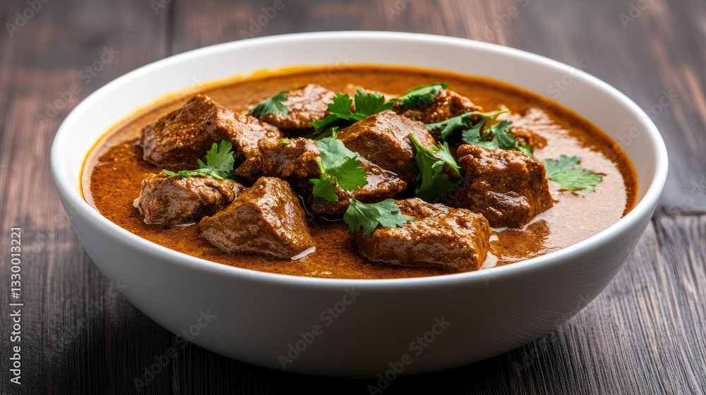 Rich goulash stew in a rustic bowl highlights juicy beef, vibrant sauce, and fresh coriander on a rustic wooden table setting Rich goulash stew in a rustic bowl highlights juicy beef, vibrant sauce, and fresh coriander on a rustic wooden table setting